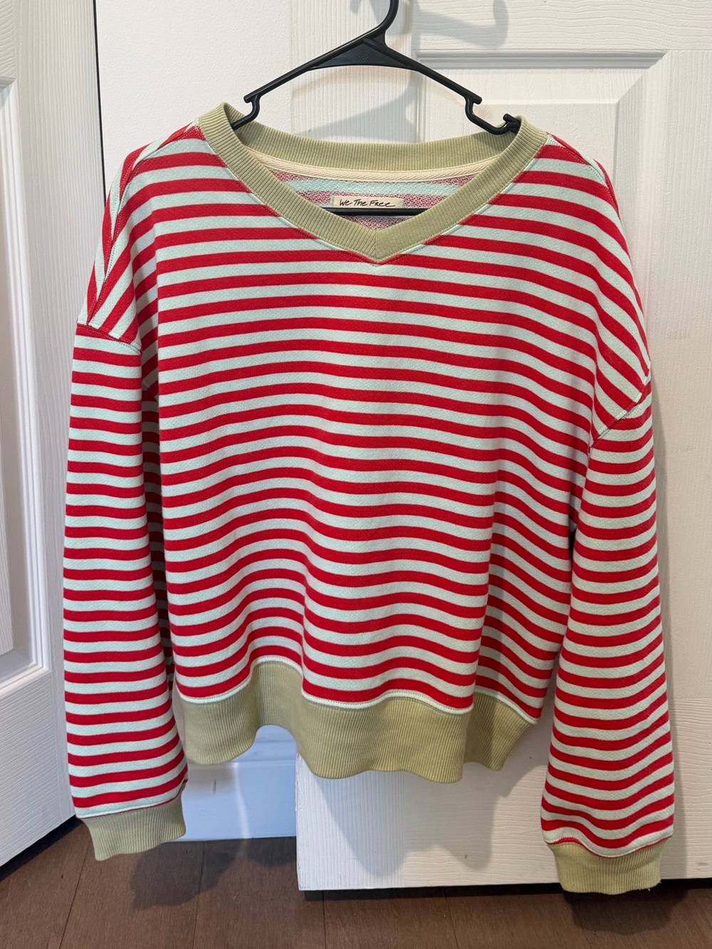 We The Free Red and Cream Striped V-Neck Sweater